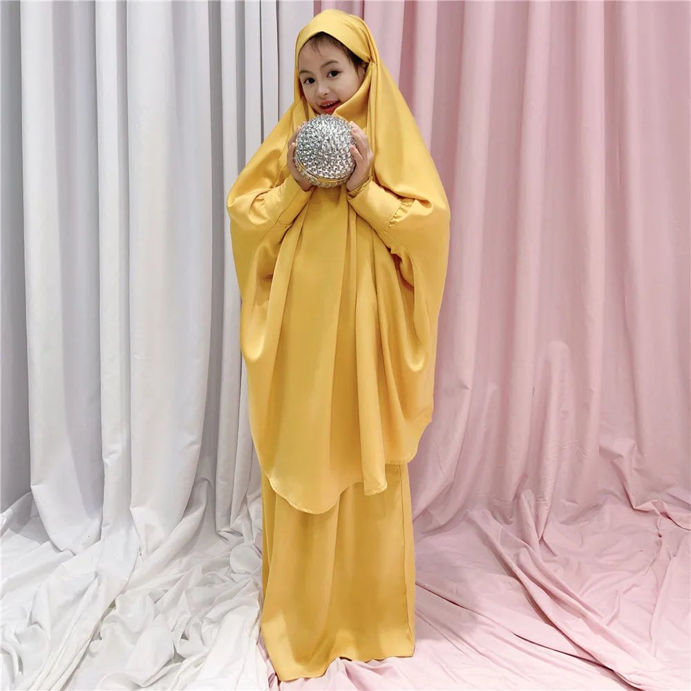 Eid Kids Prayer Garment Dress Muslim Girls Long Khimar Hijab Turkey Abaya Dresses Islamic Skirt Set Full Cover Robe Ramadan