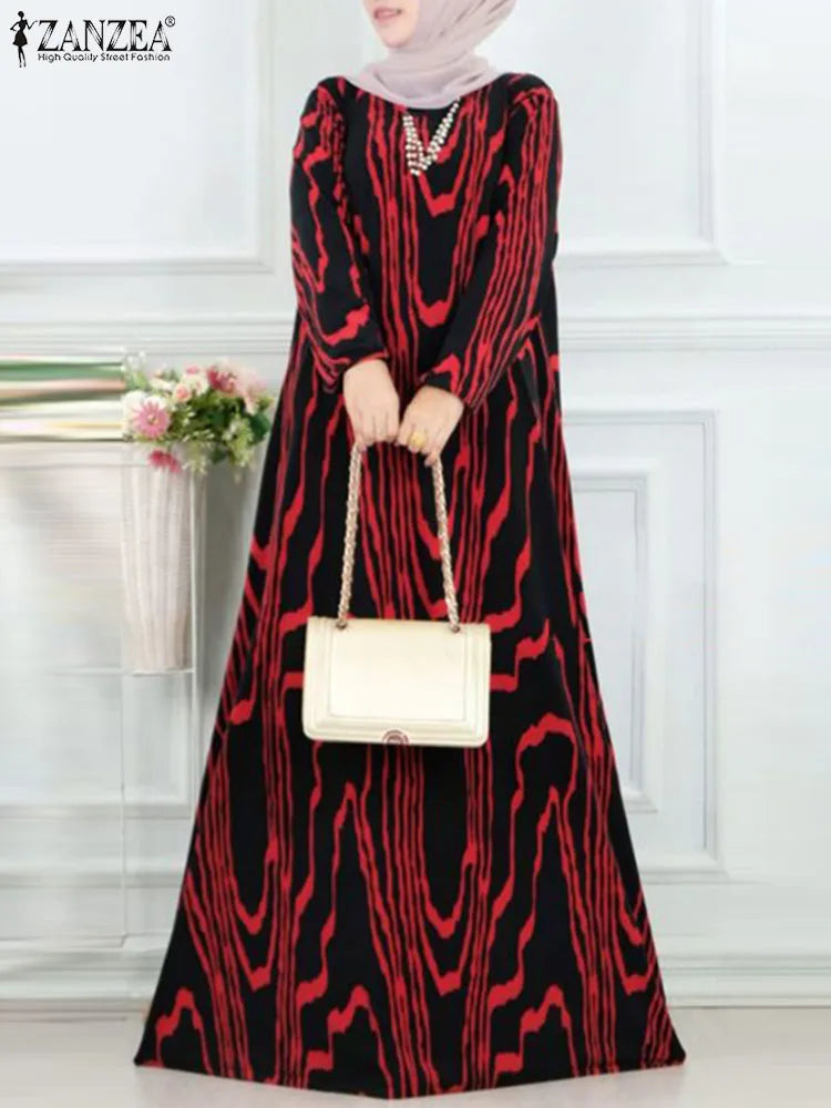 Women Vintage Long Sleeve Muslim Dress Abaya ZANZEA Bohemain Printed Sundress Fashion Robe Femme Elegant Loose Vestidos Kaftan