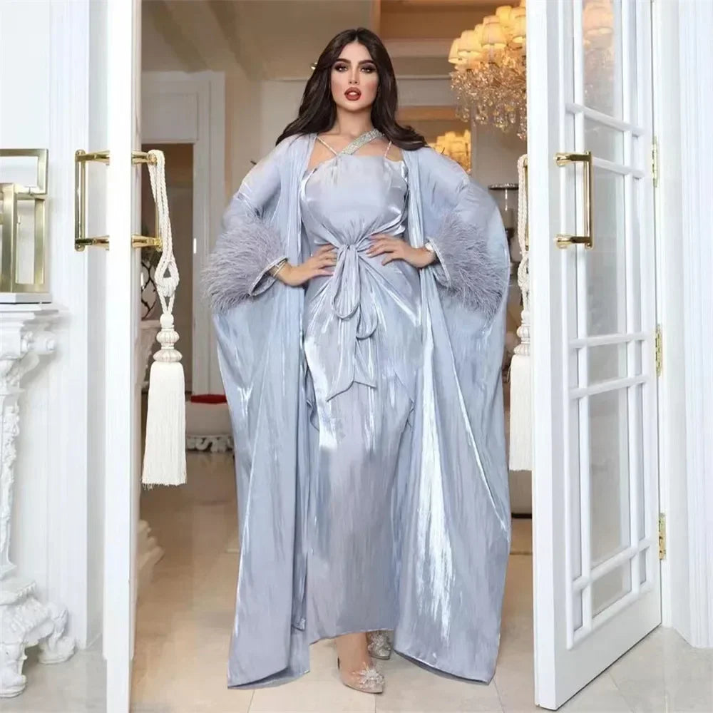 Elegant Two Pieces Matching Sets Beads Satin Abaya