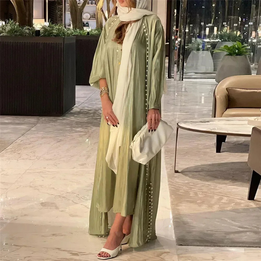 Elegant Two Pieces Matching Sets Beads Satin Abaya