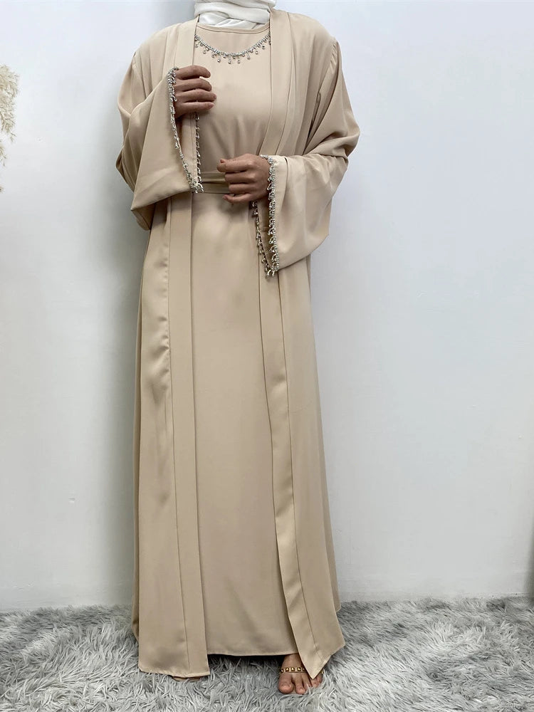Eid Muslim Abaya Women 2 Piece Set with Inner Dress Diamond Kimono Cardigan Ramadan Abayas Kaftan Dubai Long Robe Vestidos Largo