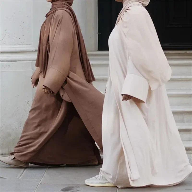 Ramadan Muslim Women 2/3 Piece Matching Set Open Abayas Dubai Dress Hijab Kimono Gowns Turkey Arab Islamic Clothing Kaftan Robe
