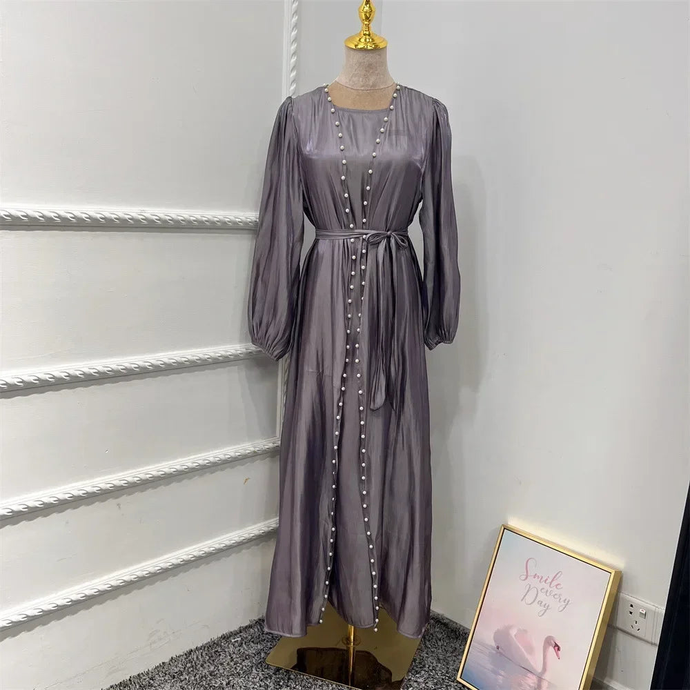 Elegant Two Pieces Matching Sets Beads Satin Abaya