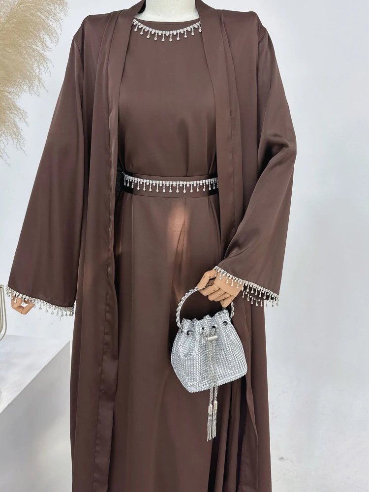 Eid Silky Satin Party Abayas Set 2 Piece Ramadan Women with 2 Diamond Chains Cardigan Robe Islamic Abaya 2024
