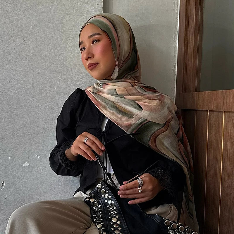 2025 New Watercolor Floral Satin Modal Hijab