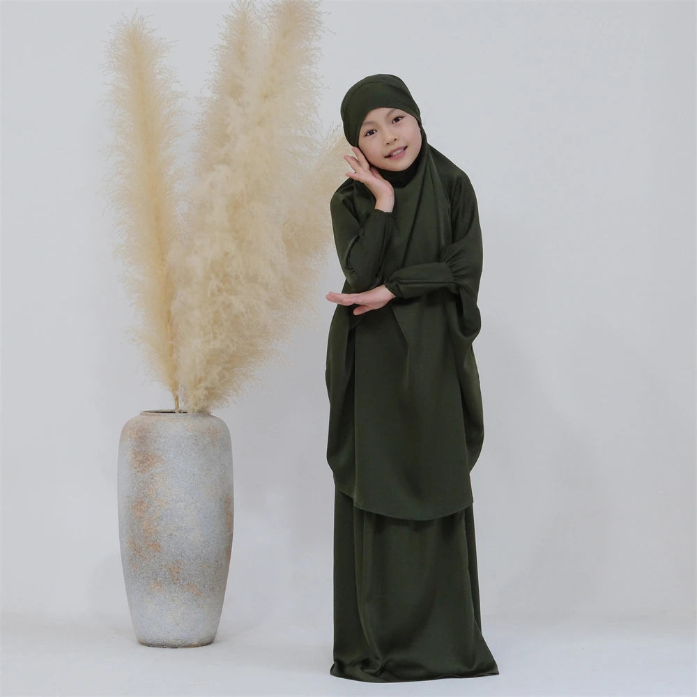 Eid Kids Prayer Garment Dress Muslim Girls Long Khimar Hijab Turkey Abaya Dresses Islamic Skirt Set Full Cover Robe Ramadan