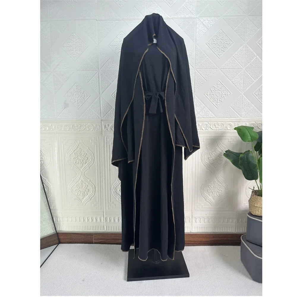 3 Piece Mathing Set Muslim Women Abaya Kimono Sleeveless Inner Dress Hijab Suit Turkey Kaftan Dubai Arabic Robes Ramadan Caftan
