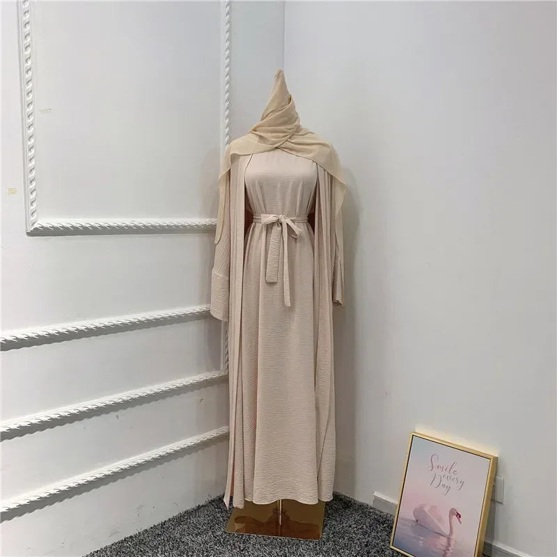 Ramadan Muslim Women 2/3 Piece Matching Set Open Abayas Dubai Dress Hijab Kimono Gowns Turkey Arab Islamic Clothing Kaftan Robe