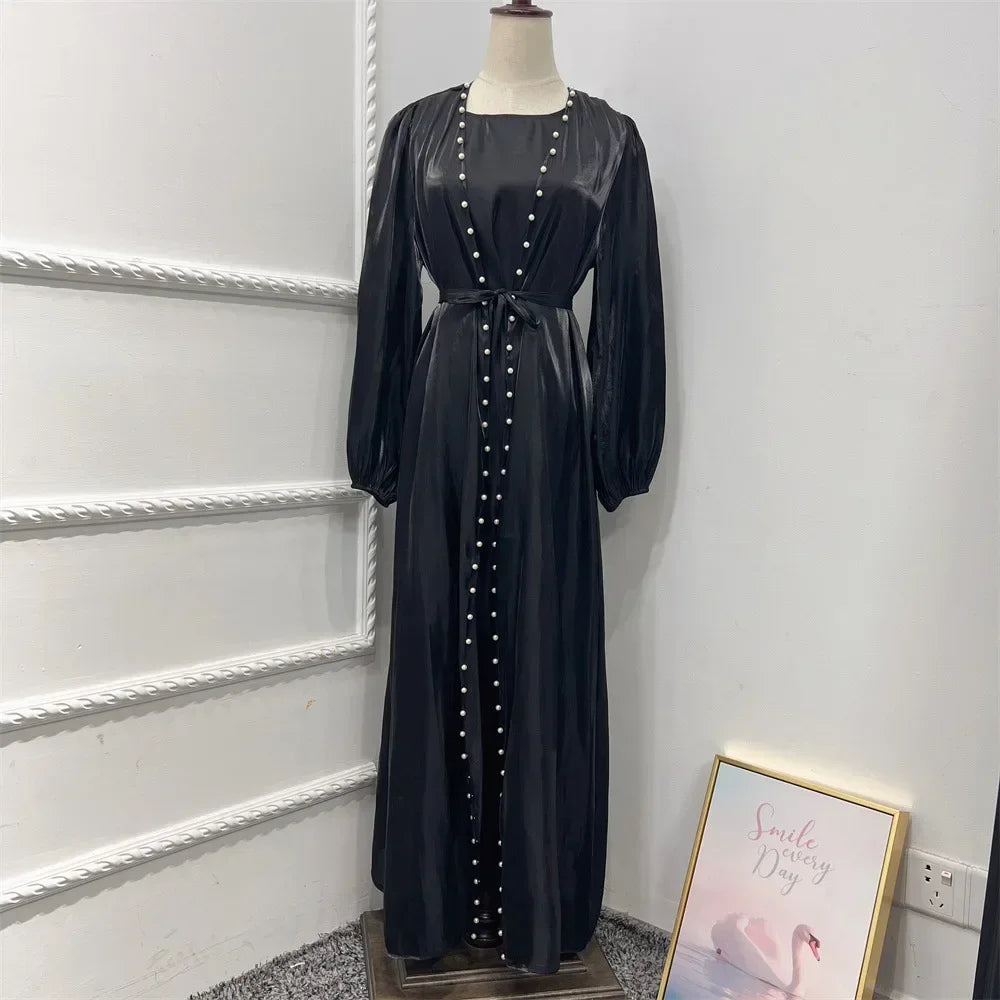 Elegant Two Pieces Matching Sets Beads Satin Abaya