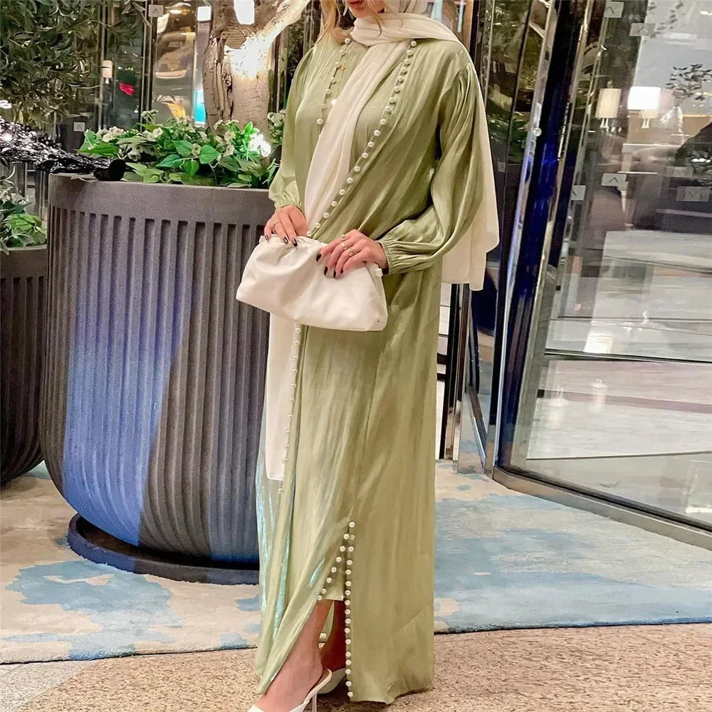 Elegant Two Pieces Matching Sets Beads Satin Abaya
