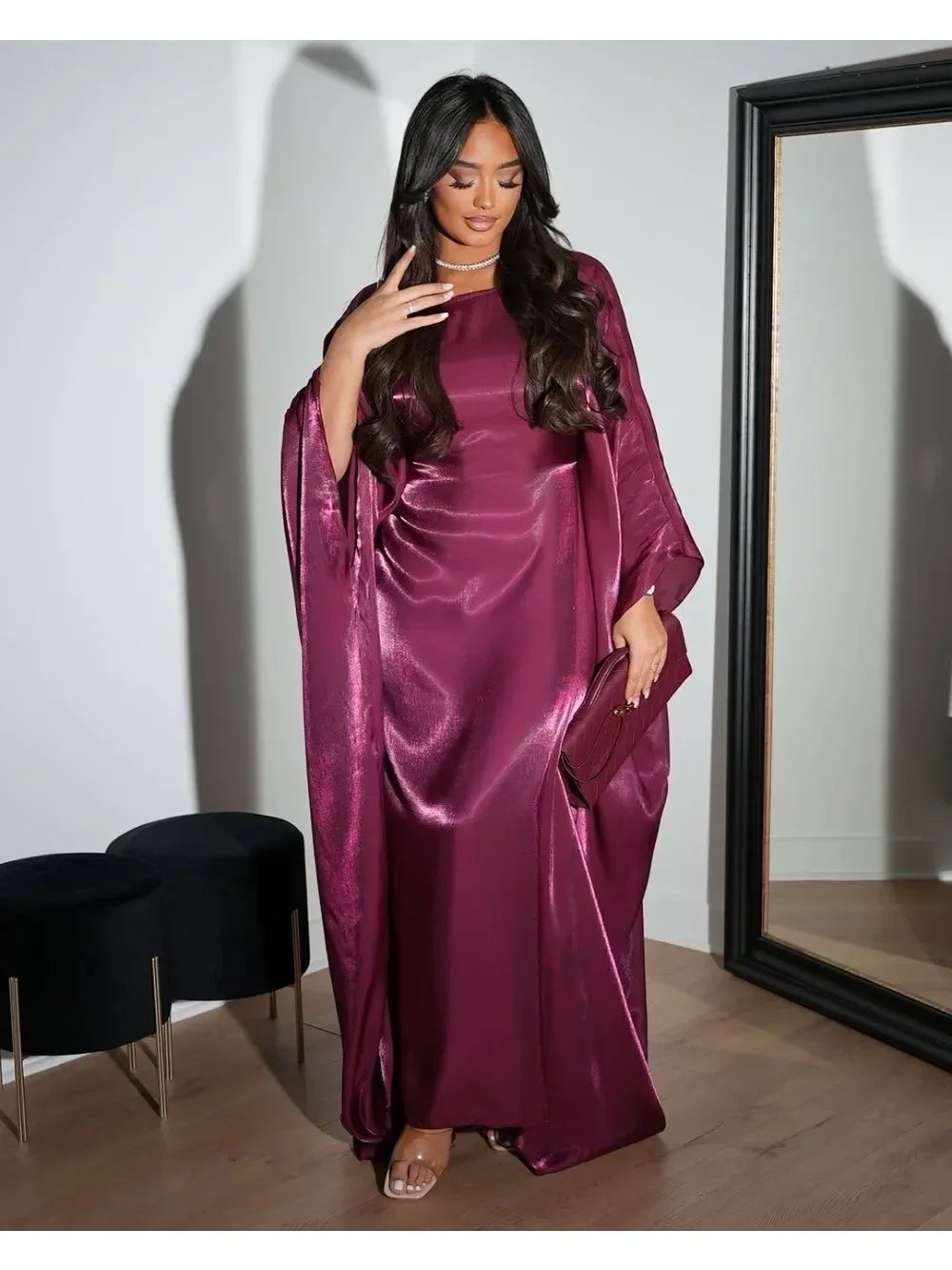 Eid Muslim Dress Women Abaya Eid Silky Party Dresses Bat Sleeve Arab Robe Dubai Islam Vestidos Largos Ramadan Jalabiya 2025