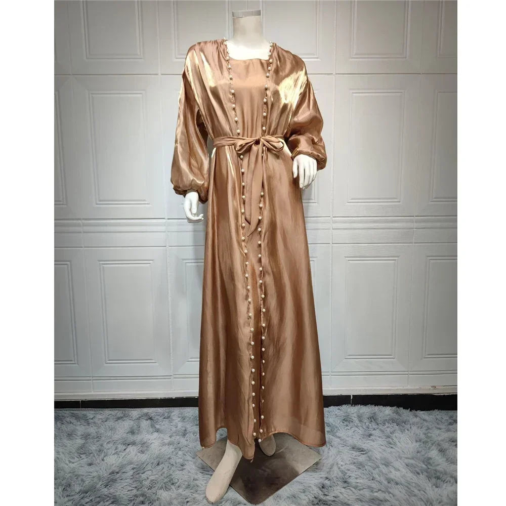 Elegant Two Pieces Matching Sets Beads Satin Abaya