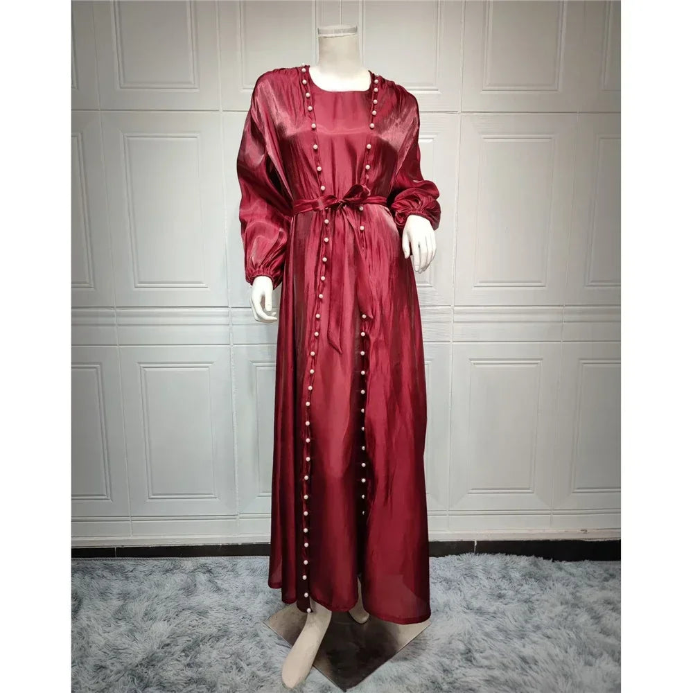 Elegant Two Pieces Matching Sets Beads Satin Abaya