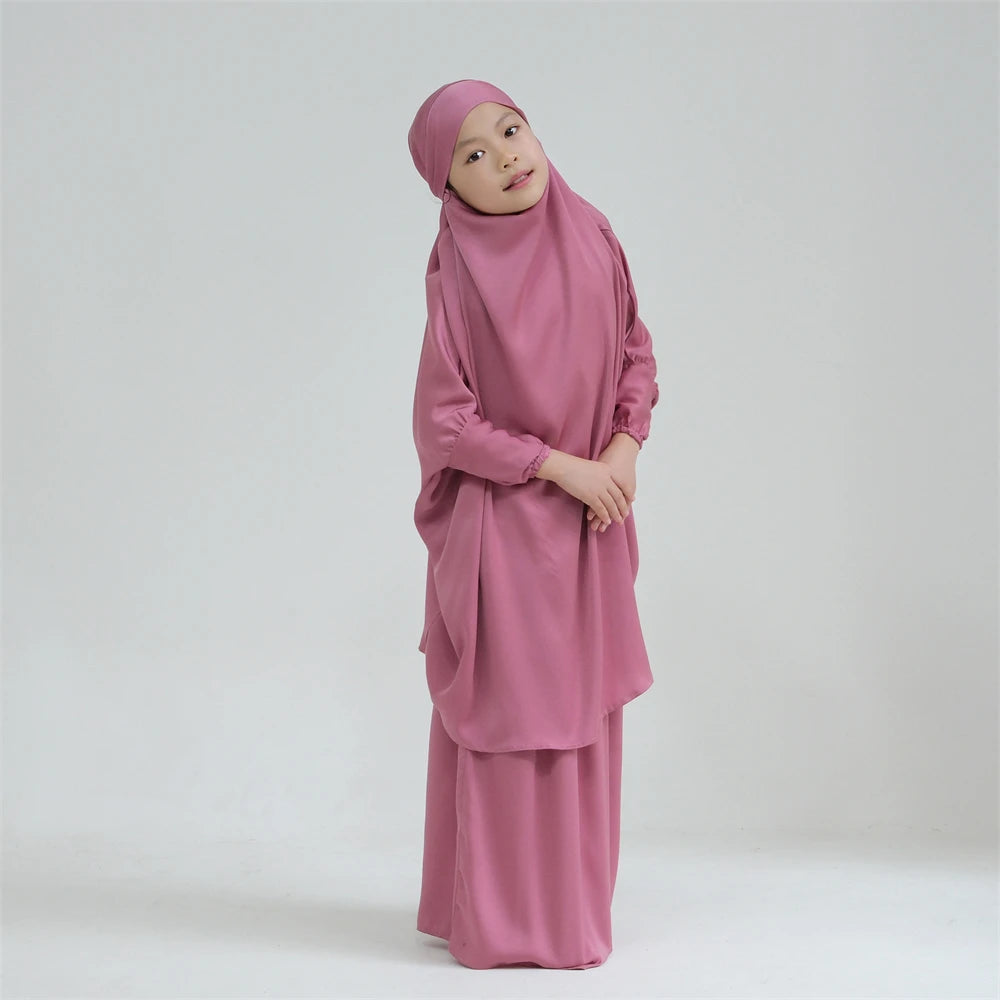 Eid Kids Prayer Garment Dress Muslim Girls Long Khimar Hijab Turkey Abaya Dresses Islamic Skirt Set Full Cover Robe Ramadan