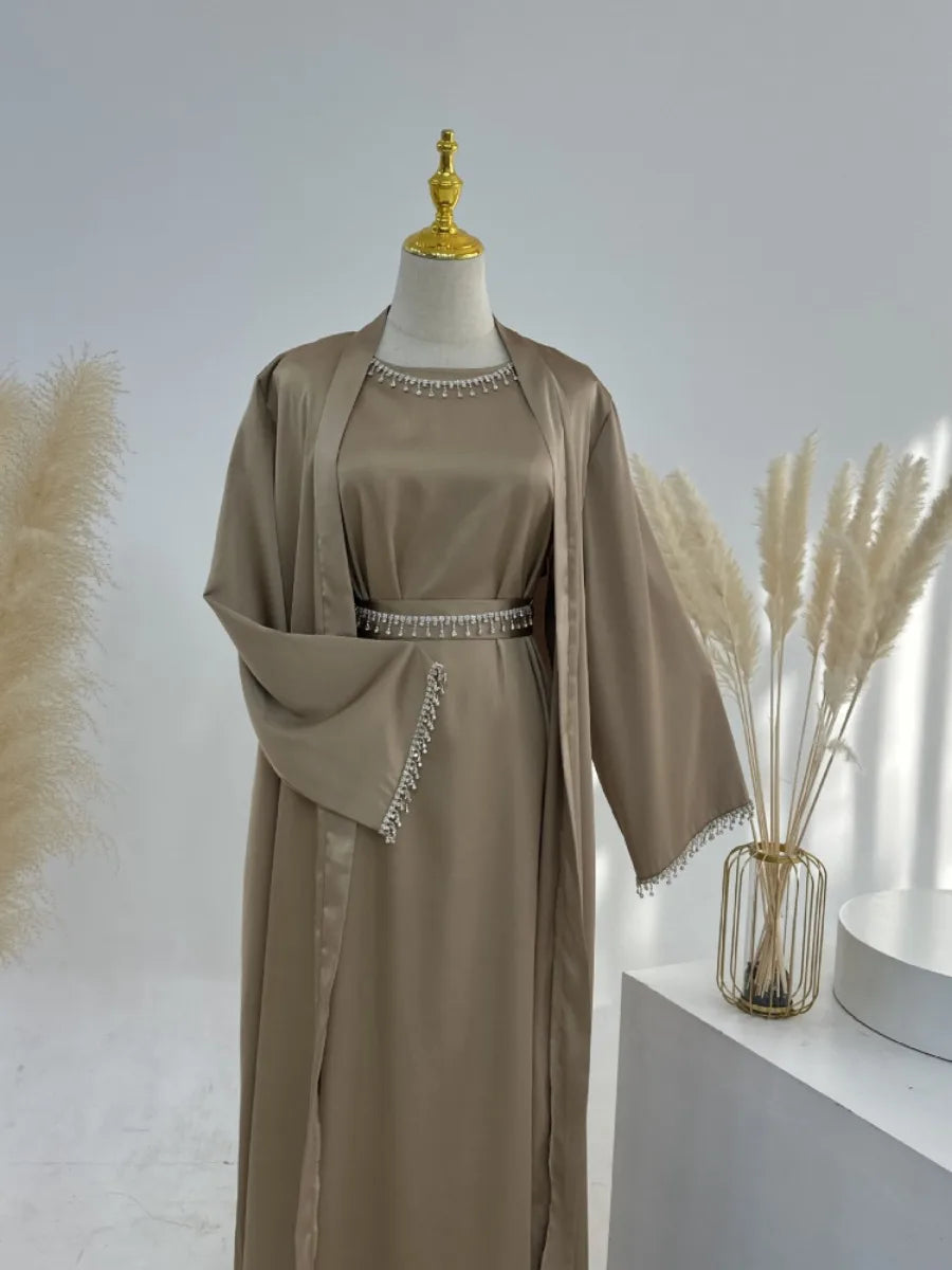 Eid Silky Satin Party Abayas Set 2 Piece Ramadan Women with 2 Diamond Chains Cardigan Robe Islamic Abaya 2024