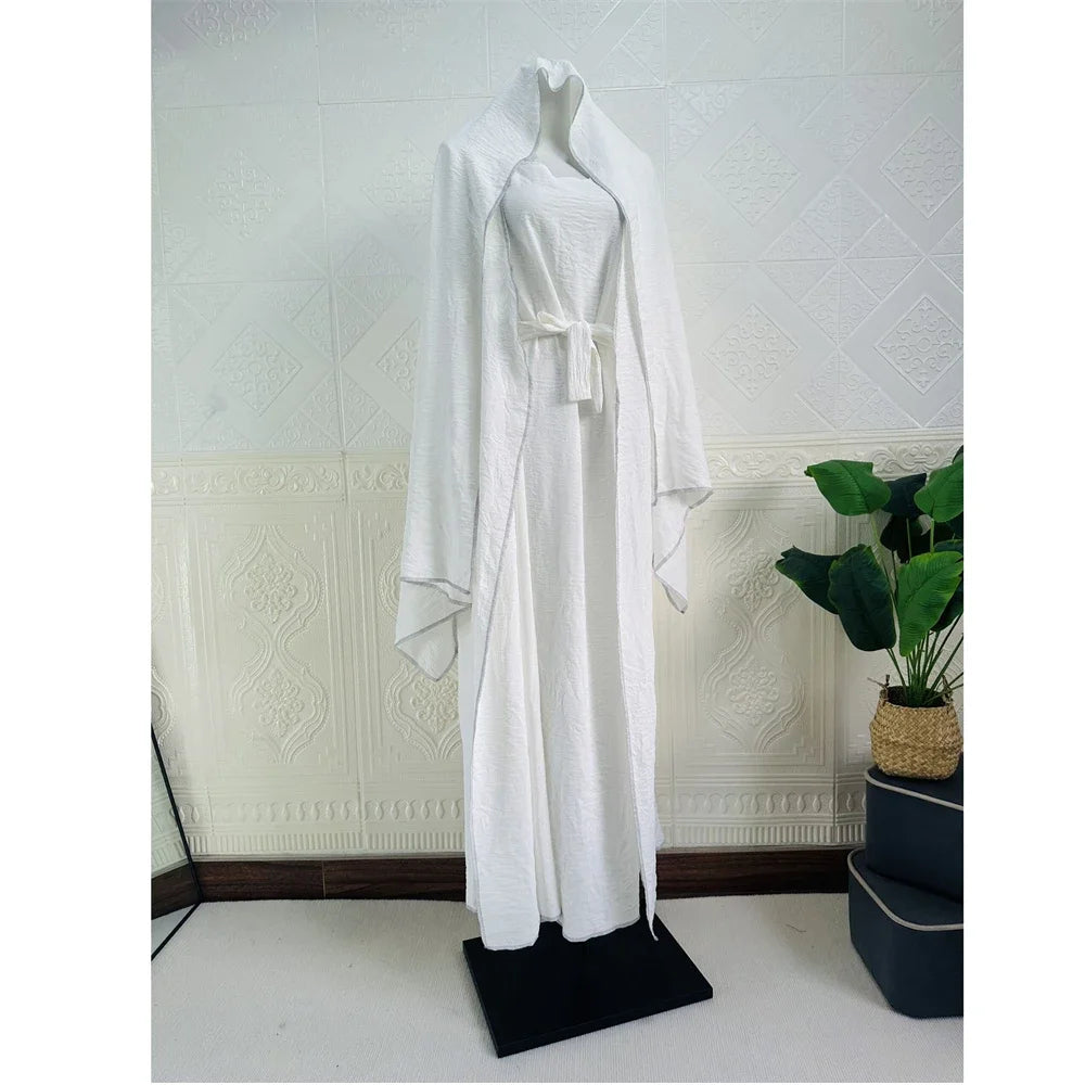 3 Piece Mathing Set Muslim Women Abaya Kimono Sleeveless Inner Dress Hijab Suit Turkey Kaftan Dubai Arabic Robes Ramadan Caftan