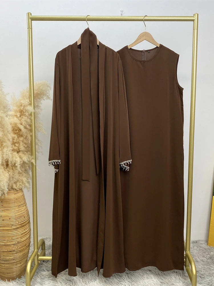 Eid Muslim Abaya Women 2 Piece Set with Inner Dress Diamond Kimono Cardigan Ramadan Abayas Kaftan Dubai Long Robe Vestidos Largo