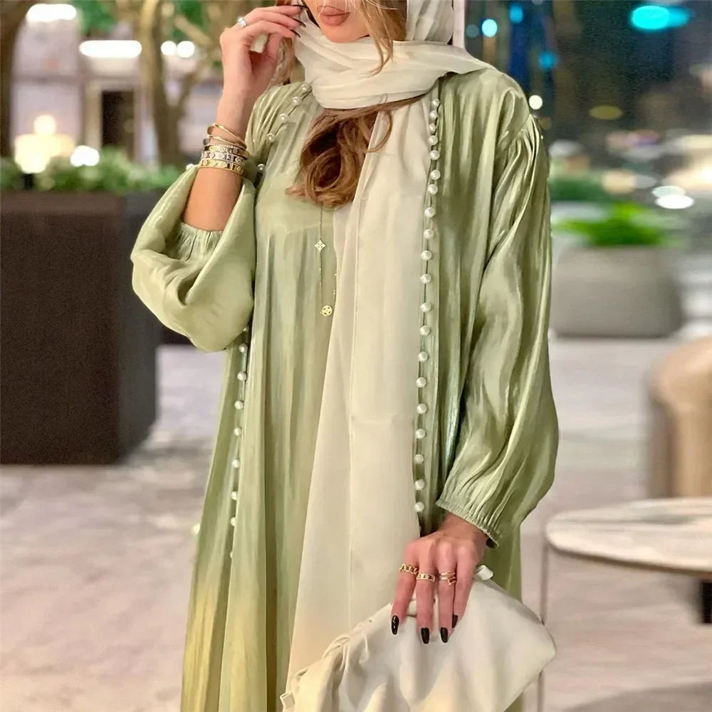 Elegant Two Pieces Matching Sets Beads Satin Abaya