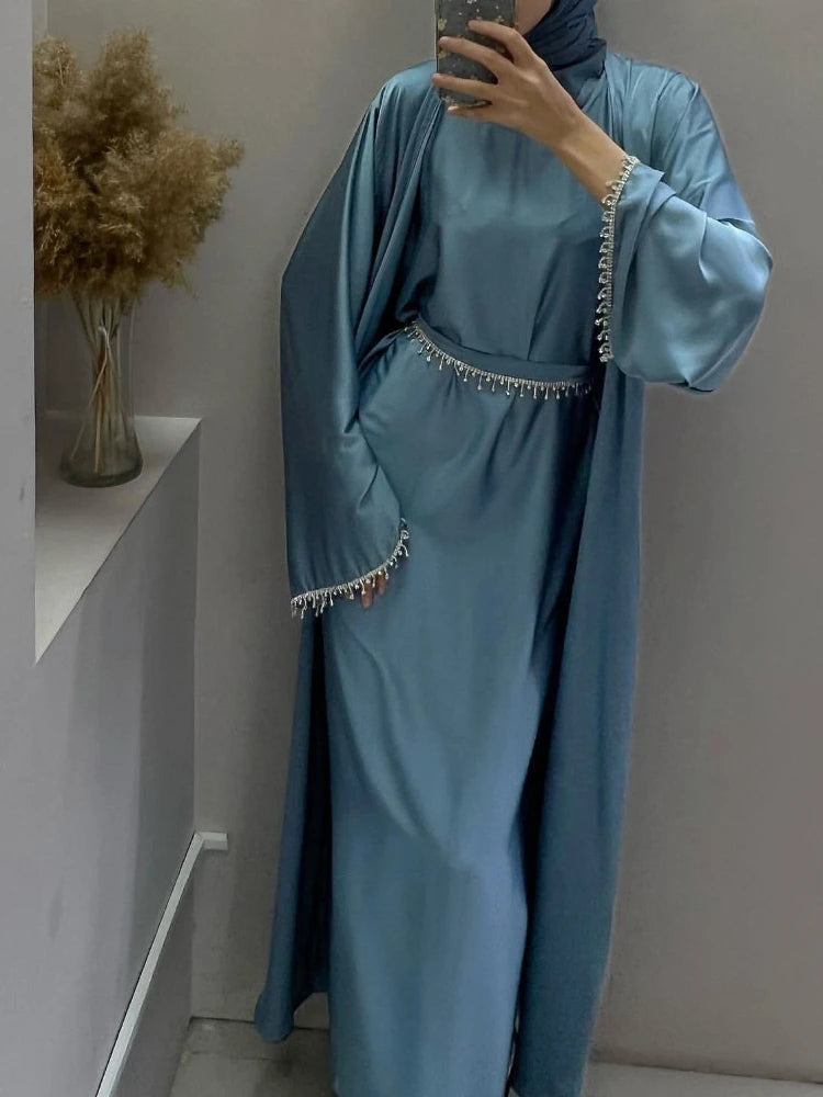 Eid Silky Satin Party Abayas Set 2 Piece Ramadan Women with 2 Diamond Chains Cardigan Robe Islamic Abaya 2024