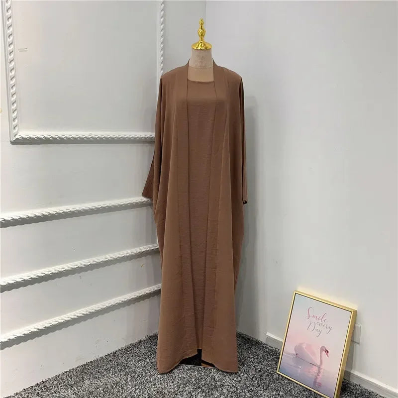 Ramadan Muslim Women 2/3 Piece Matching Set Open Abayas Dubai Dress Hijab Kimono Gowns Turkey Arab Islamic Clothing Kaftan Robe