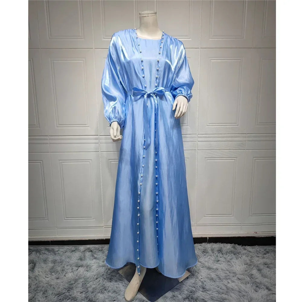 Elegant Two Pieces Matching Sets Beads Satin Abaya