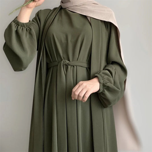 Crinkle Fabric Abaya Set – Open Abaya & Inner Kaftan Dress