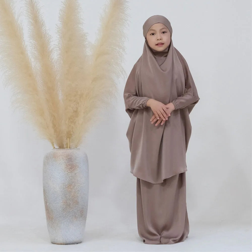 Eid Kids Prayer Garment Dress Muslim Girls Long Khimar Hijab Turkey Abaya Dresses Islamic Skirt Set Full Cover Robe Ramadan