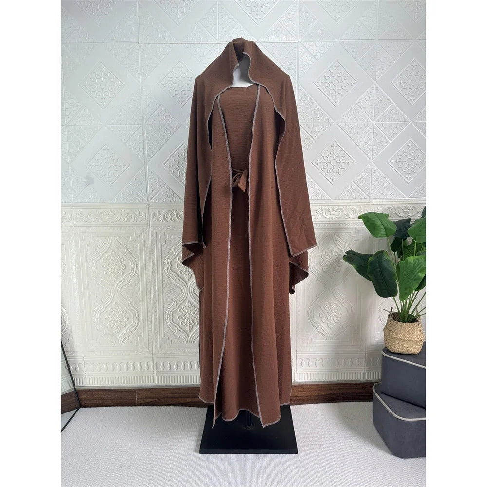 3 Piece Mathing Set Muslim Women Abaya Kimono Sleeveless Inner Dress Hijab Suit Turkey Kaftan Dubai Arabic Robes Ramadan Caftan