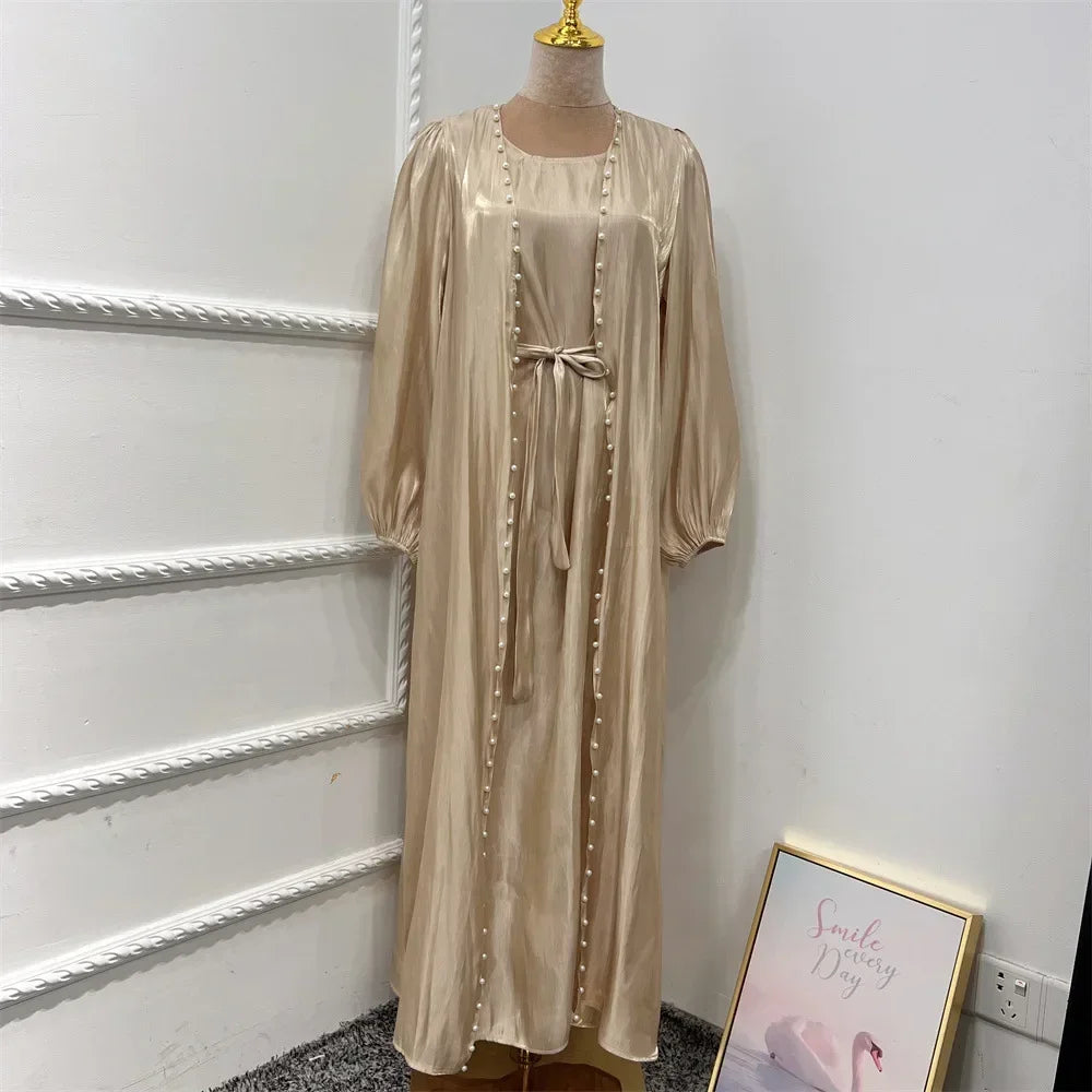 Elegant Two Pieces Matching Sets Beads Satin Abaya