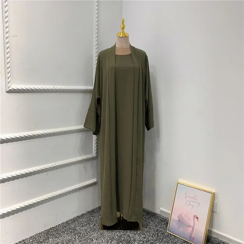 Ramadan Muslim Women 2/3 Piece Matching Set Open Abayas Dubai Dress Hijab Kimono Gowns Turkey Arab Islamic Clothing Kaftan Robe