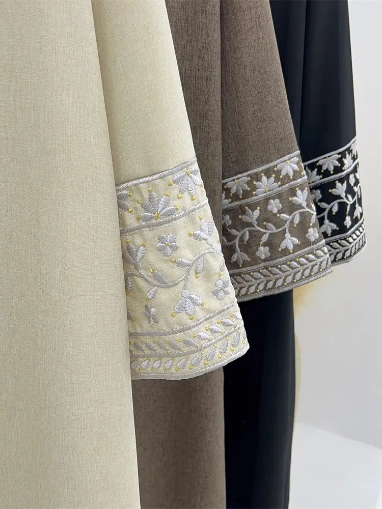 Elegant Linen Abaya – Embroidered Floral Kaftan Modest Dress