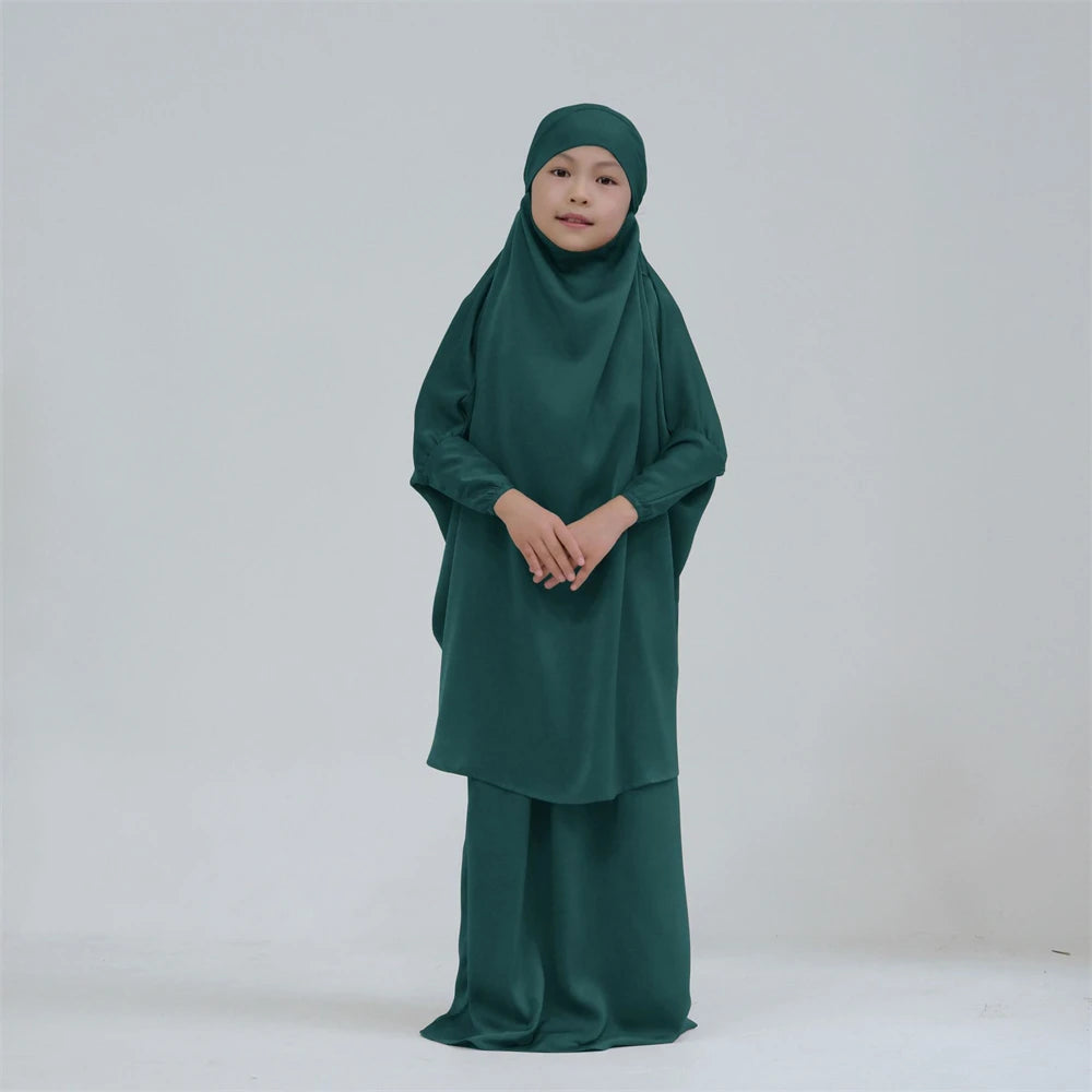 Eid Kids Prayer Garment Dress Muslim Girls Long Khimar Hijab Turkey Abaya Dresses Islamic Skirt Set Full Cover Robe Ramadan