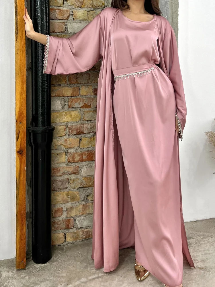 Eid Silky Satin Party Abayas Set 2 Piece Ramadan Women with 2 Diamond Chains Cardigan Robe Islamic Abaya 2024