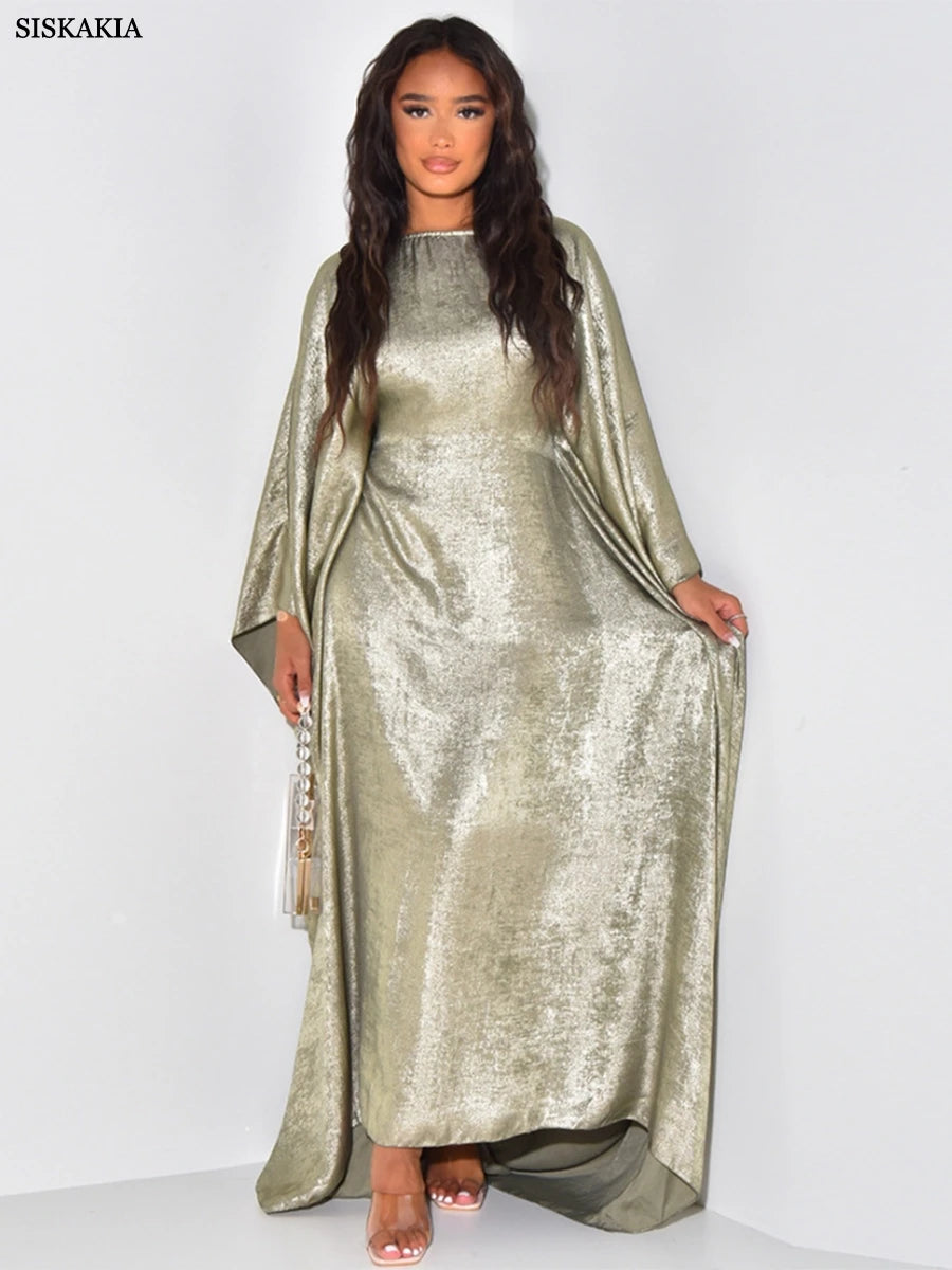 Siskakia Muslim Fashion Solid Abayas Bat Sleeve Elegant Casual Dress Kimono Maxi Kaftan Dress Abayas For Islamic Women Clothing