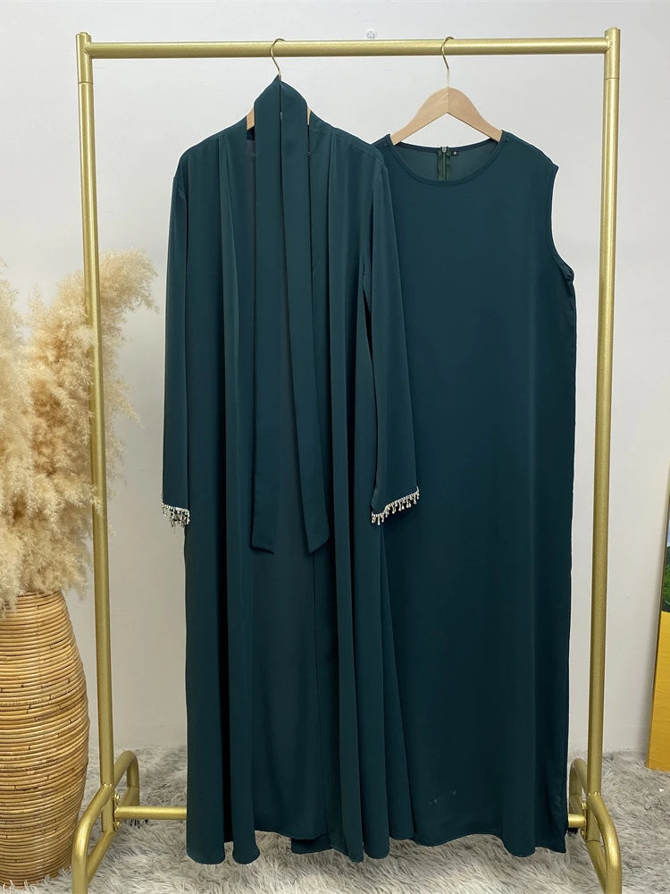 Eid Muslim Abaya Women 2 Piece Set with Inner Dress Diamond Kimono Cardigan Ramadan Abayas Kaftan Dubai Long Robe Vestidos Largo