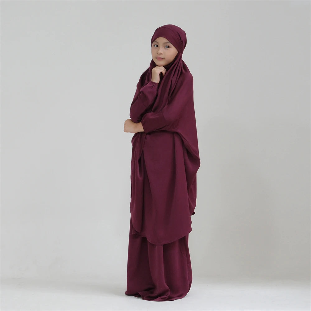 Eid Kids Prayer Garment Dress Muslim Girls Long Khimar Hijab Turkey Abaya Dresses Islamic Skirt Set Full Cover Robe Ramadan