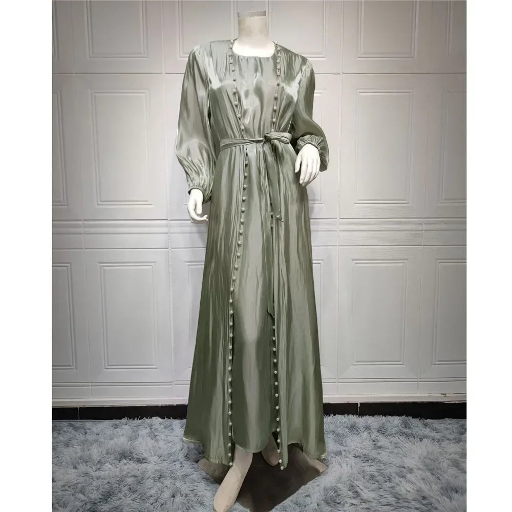 Elegant Two Pieces Matching Sets Beads Satin Abaya
