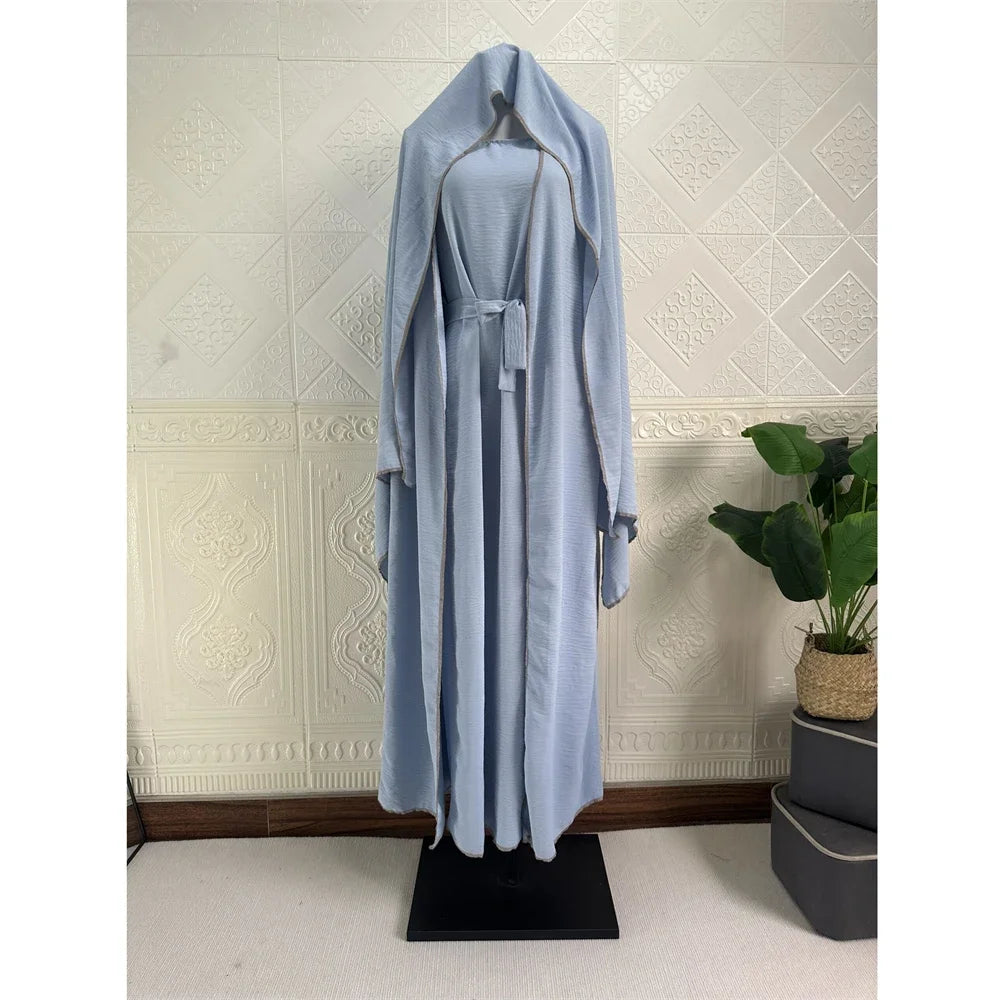 3 Piece Mathing Set Muslim Women Abaya Kimono Sleeveless Inner Dress Hijab Suit Turkey Kaftan Dubai Arabic Robes Ramadan Caftan