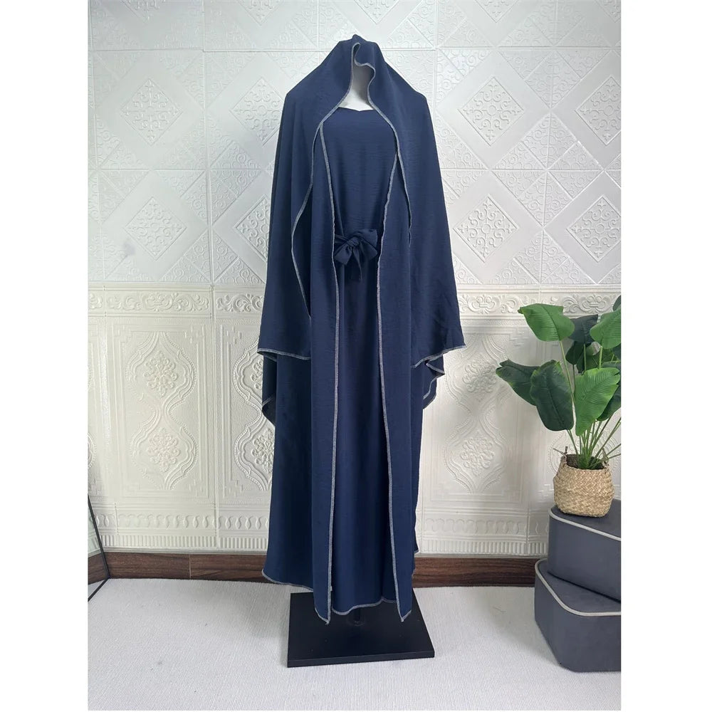 3 Piece Mathing Set Muslim Women Abaya Kimono Sleeveless Inner Dress Hijab Suit Turkey Kaftan Dubai Arabic Robes Ramadan Caftan