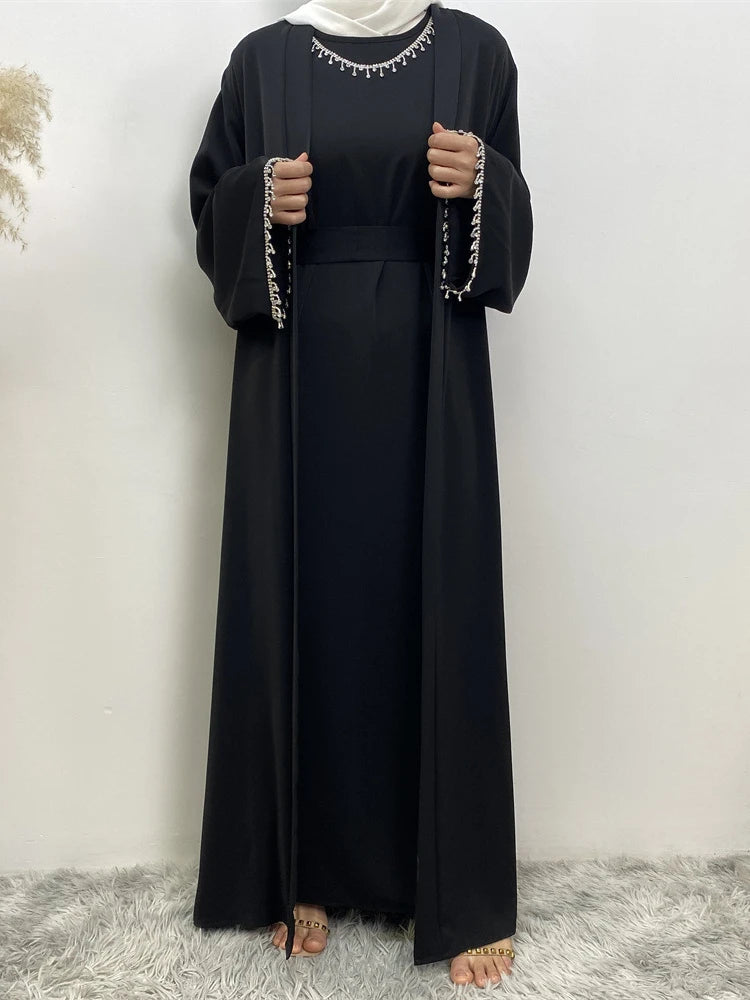 Eid Muslim Abaya Women 2 Piece Set with Inner Dress Diamond Kimono Cardigan Ramadan Abayas Kaftan Dubai Long Robe Vestidos Largo