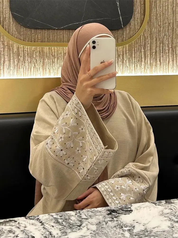 Elegant Linen Abaya – Embroidered Floral Kaftan Modest Dress