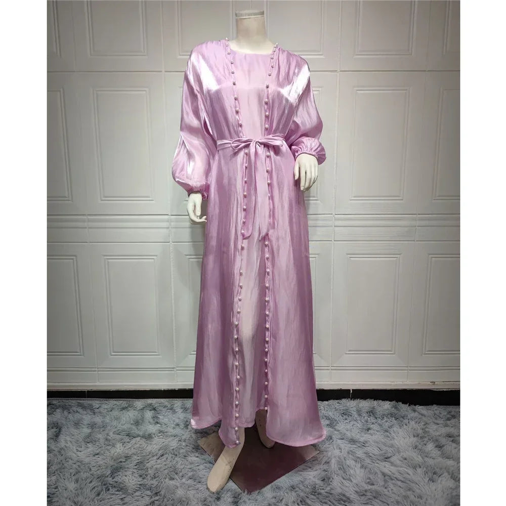 Elegant Two Pieces Matching Sets Beads Satin Abaya