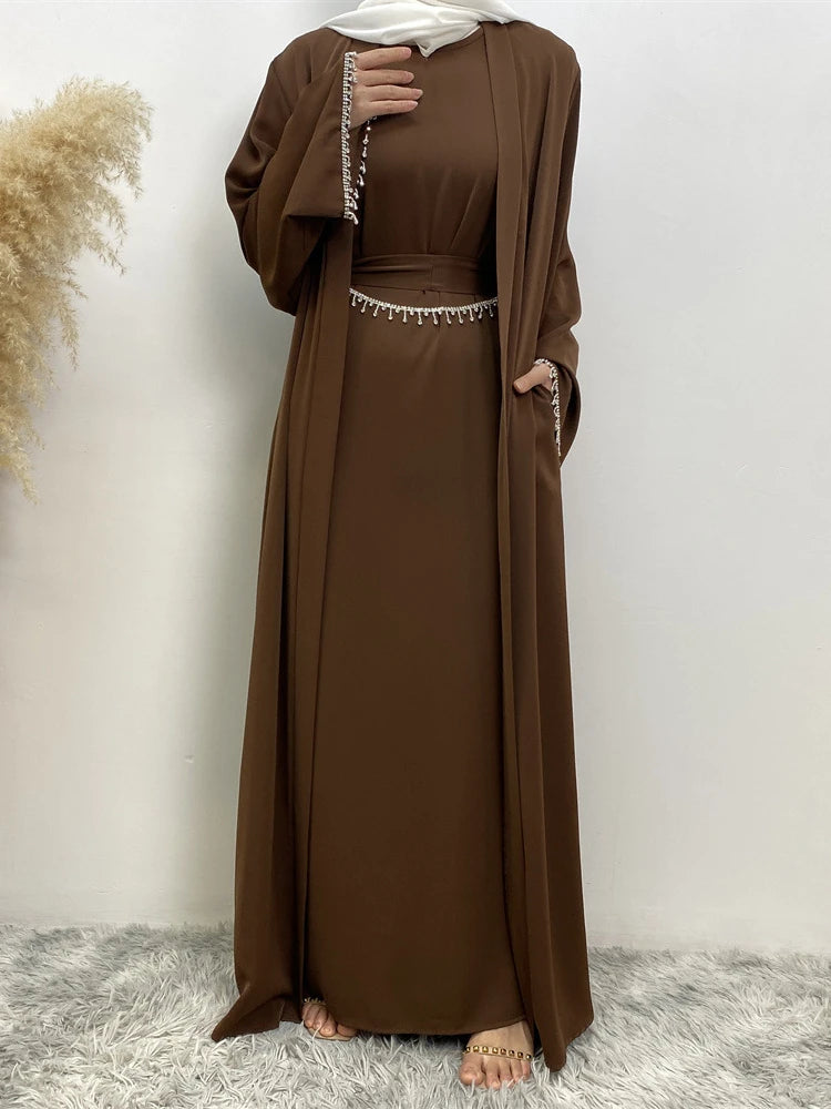 Eid Muslim Abaya Women 2 Piece Set with Inner Dress Diamond Kimono Cardigan Ramadan Abayas Kaftan Dubai Long Robe Vestidos Largo
