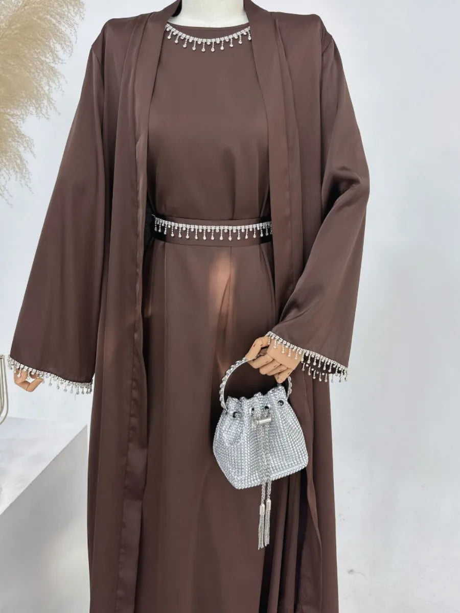 Eid Silky Satin Party Abayas Set 2 Piece Ramadan Women with 2 Diamond Chains Cardigan Robe Islamic Abaya 2024