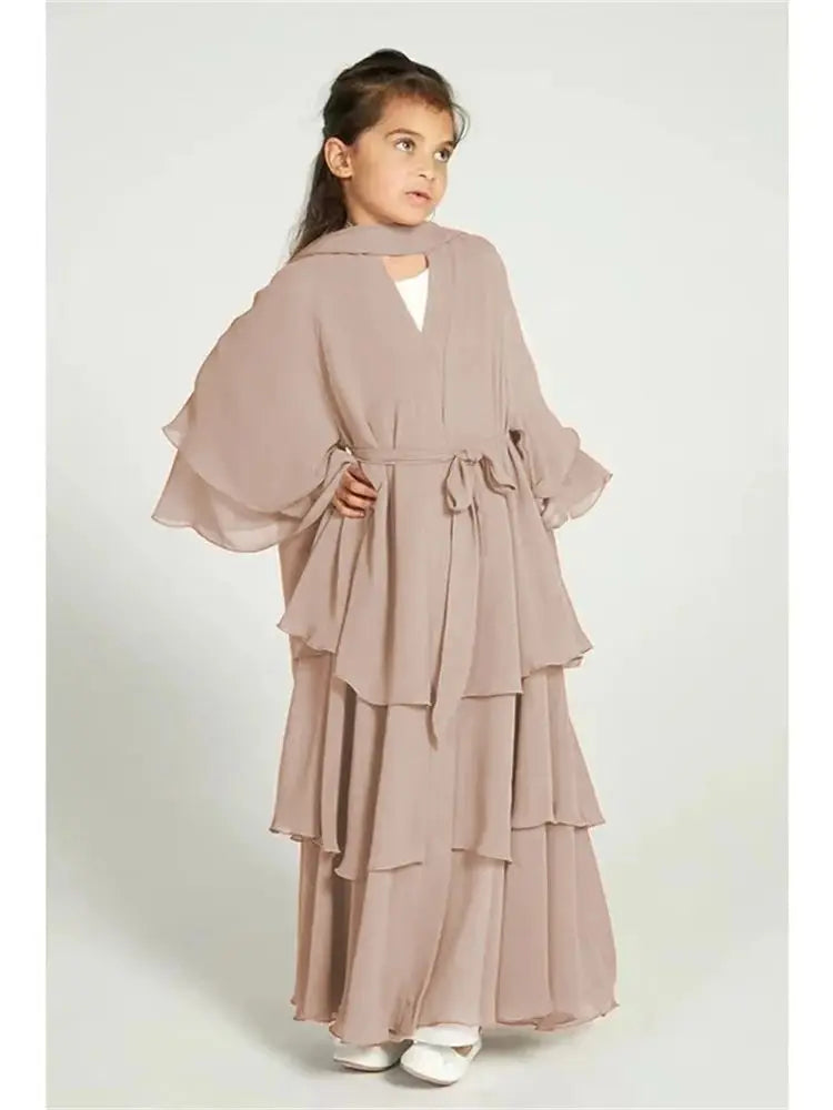 Summer Modest Kaftan Hijab Dresses For Women Kids Open Chiffon Khimar Kimono Abaya Dubai Luxury Muslim Sets Islam Kebaya Damen
