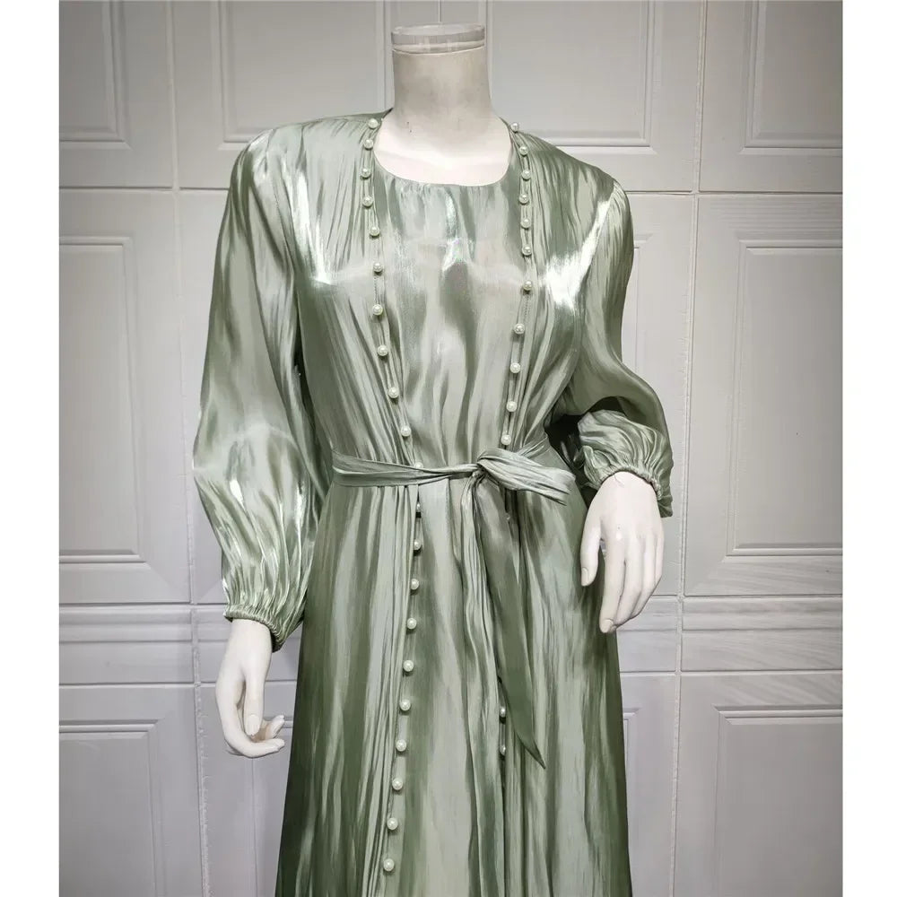 Elegant Two Pieces Matching Sets Beads Satin Abaya