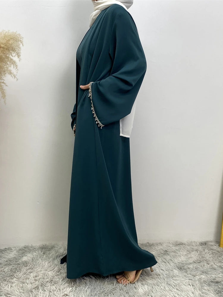 Eid Muslim Abaya Women 2 Piece Set with Inner Dress Diamond Kimono Cardigan Ramadan Abayas Kaftan Dubai Long Robe Vestidos Largo