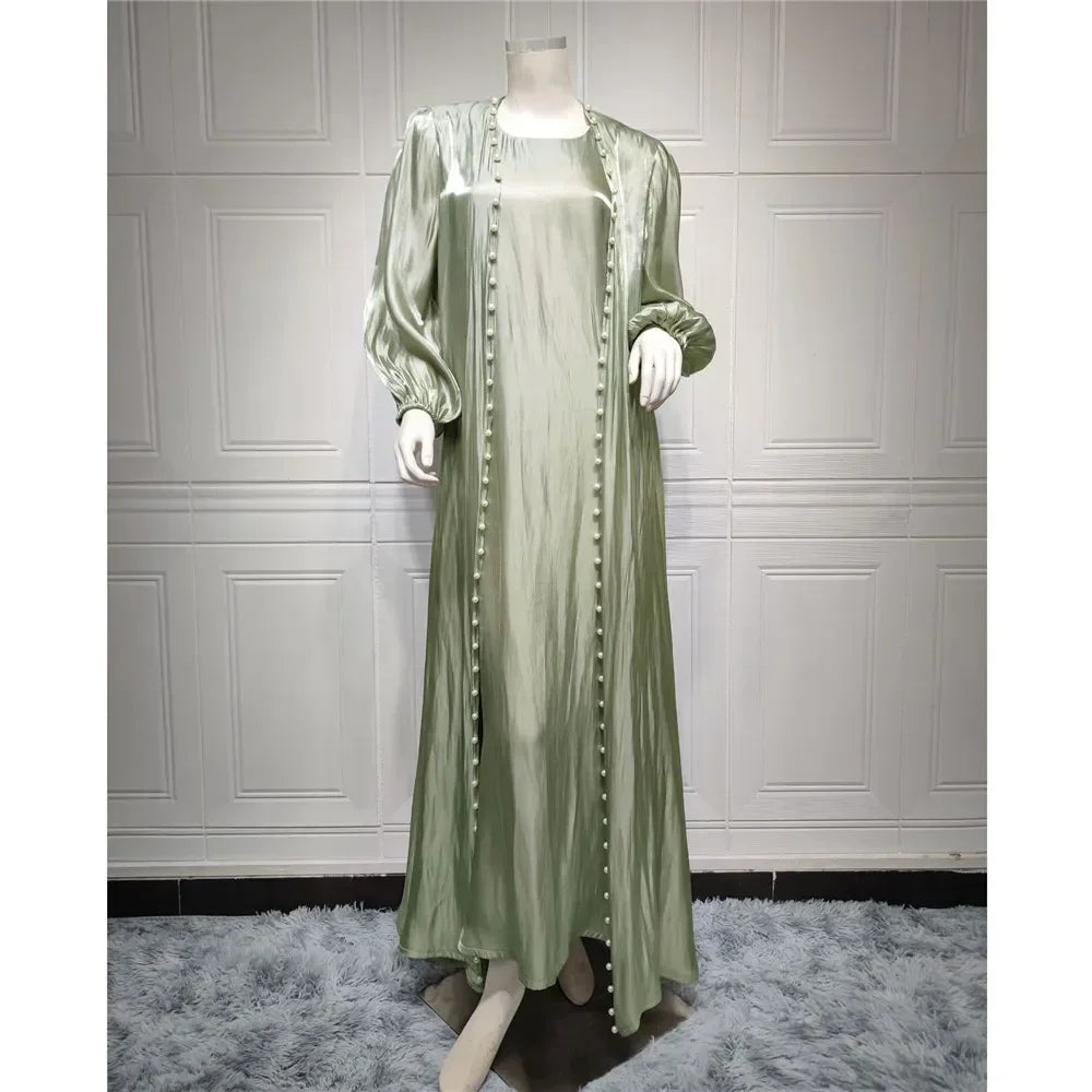 Elegant Two Pieces Matching Sets Beads Satin Abaya