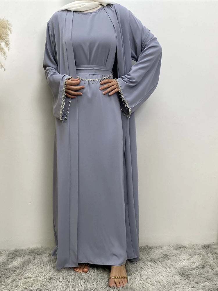 Eid Muslim Abaya Women 2 Piece Set with Inner Dress Diamond Kimono Cardigan Ramadan Abayas Kaftan Dubai Long Robe Vestidos Largo