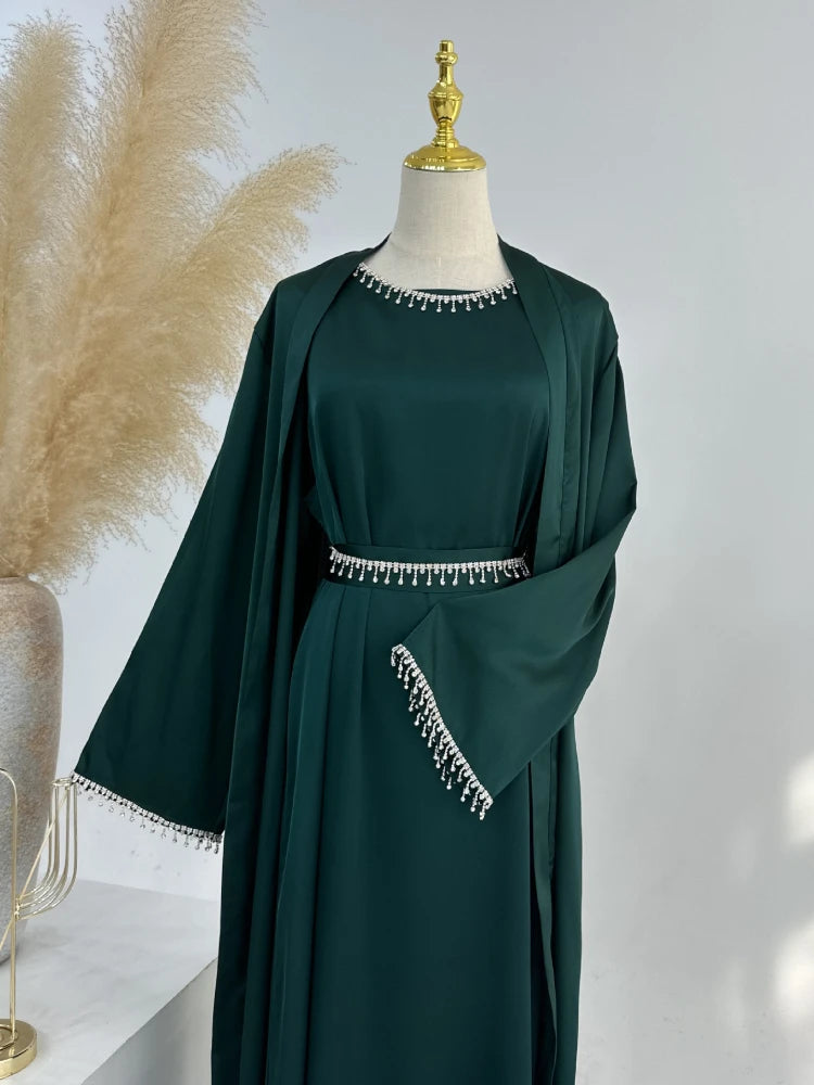 Eid Silky Satin Party Abayas Set 2 Piece Ramadan Women with 2 Diamond Chains Cardigan Robe Islamic Abaya 2024